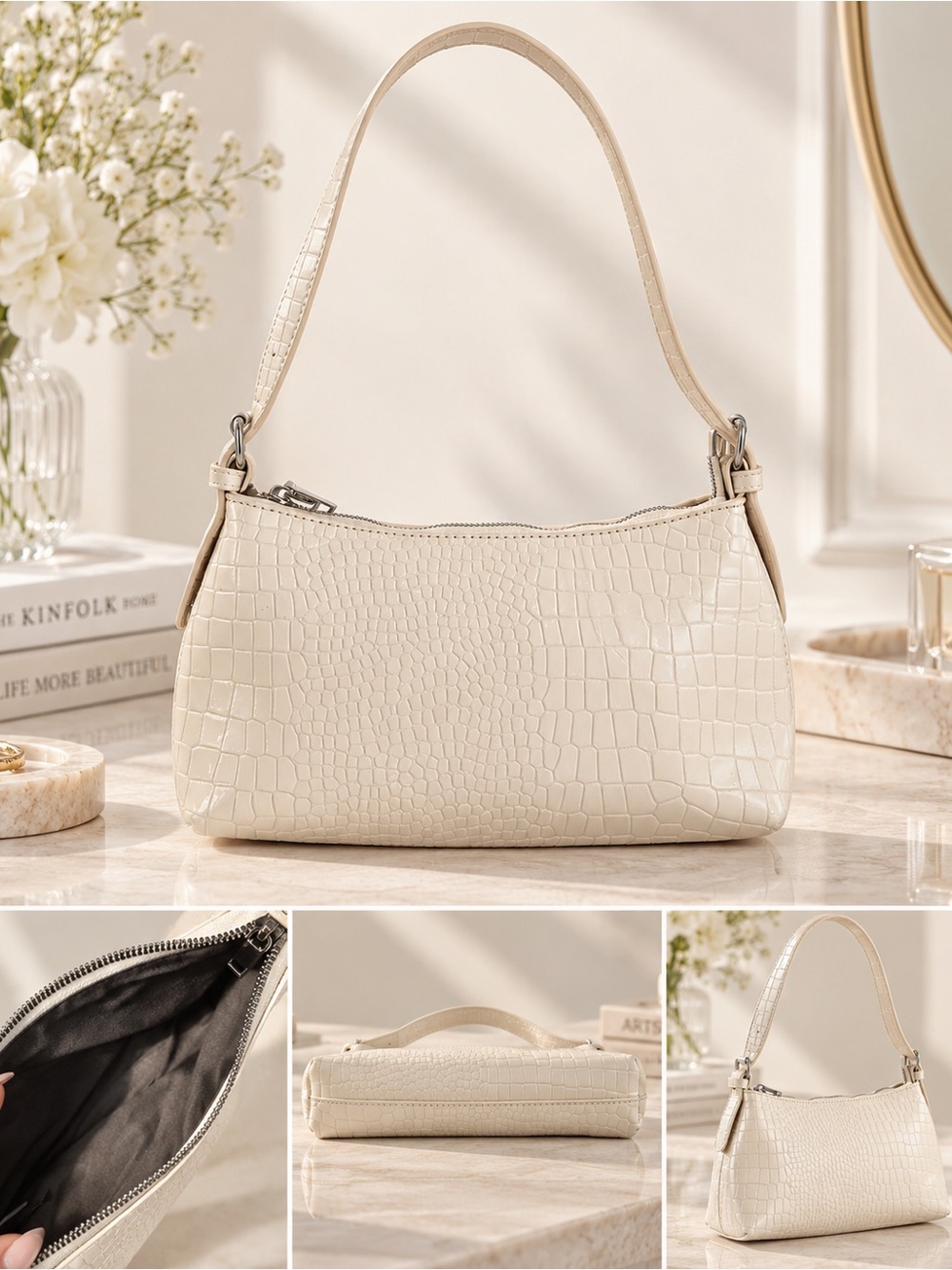 Ivory Croc Embossed Y2K Baguette Shoulder Bag